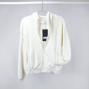 90º DEGREE | DOUBLE BUTTER ZIP HOODED JACKET PLUSH SHERPA W/POCKETS IVORY SIZE M